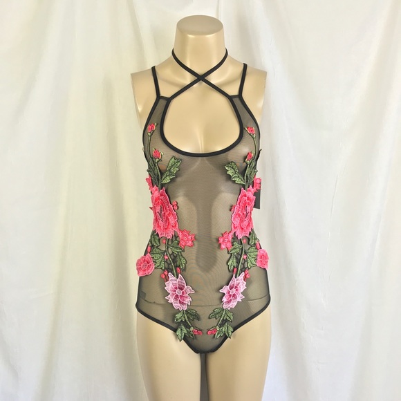 Missomo Other - NWT Black Sheer Mesh Floral Embroidered Bodysuit